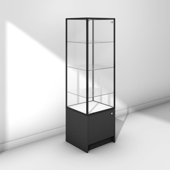 Glass display tower on base cabinet with black frame and panels