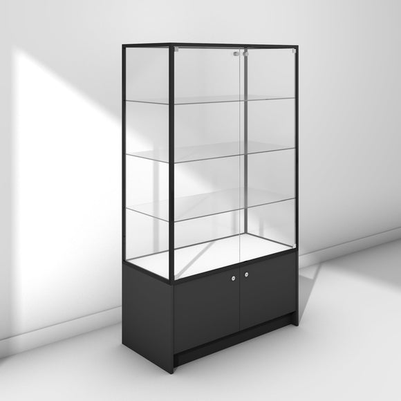 Large glass display cabinet on base with black frame and panels