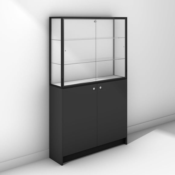 Trophy display cabinet on base with black frame and panels