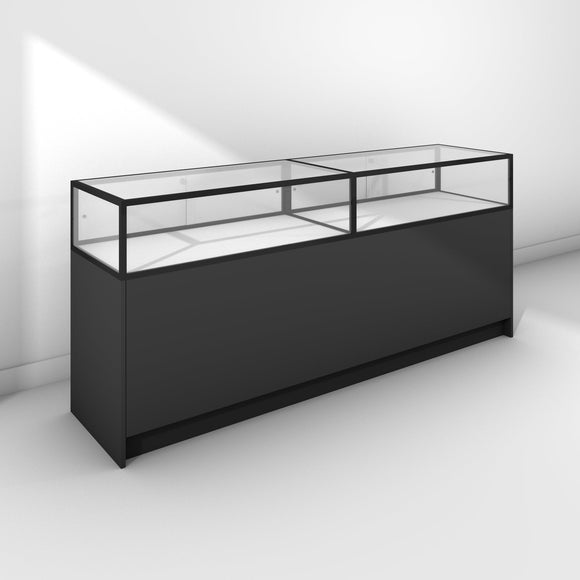 Double glass display cabinet with large base cabinet - black frame and panels