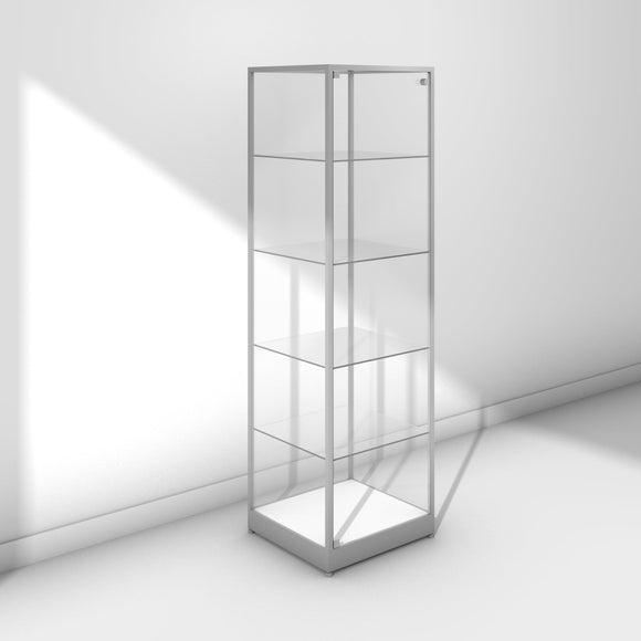 Glass display tower with silver frame