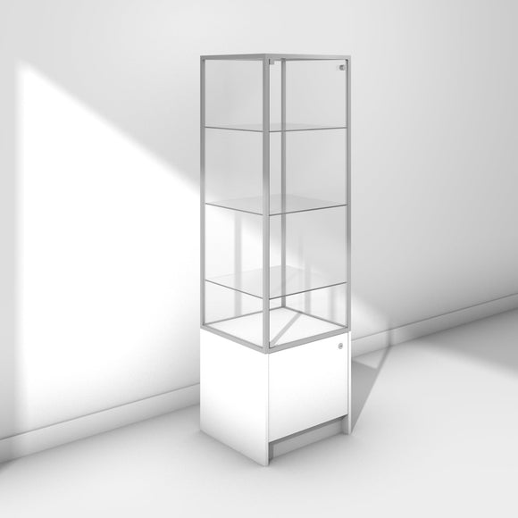 Glass display tower on base cabinet with silver frame and white panels