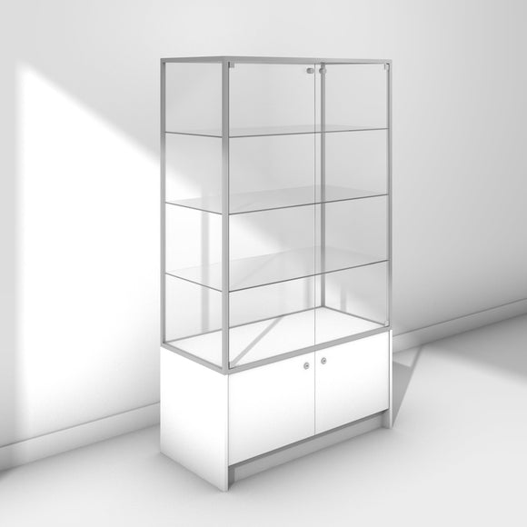 Large glass display cabinet on base with silver frame and white panels