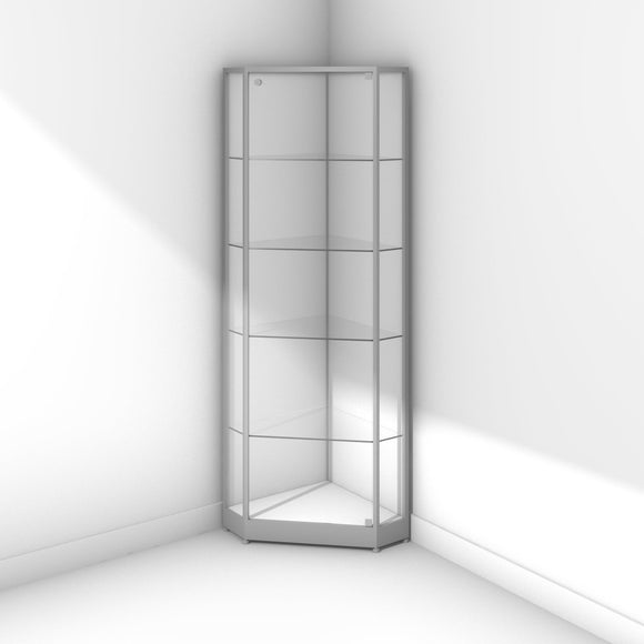 Glass corner display cabinet with silver frame