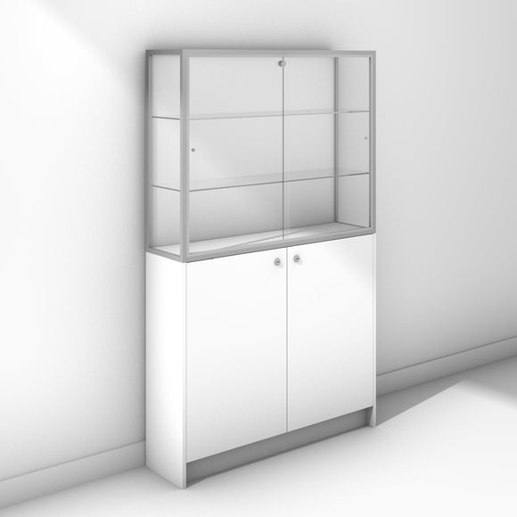 Trophy display cabinet on base with silver frame and white panels