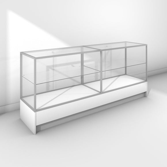 Double glass display cabinet with small cabinet base - silver frame and white panels
