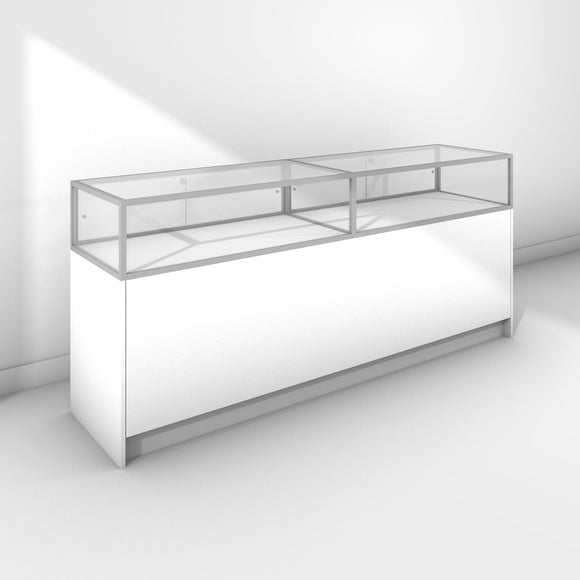Double glass display cabinet with large base cabinet - silver frame and white panels
