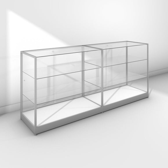 Double glass display cabinet with frameless front - silver