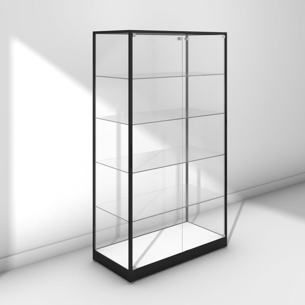Large glass display cabinet with black frame