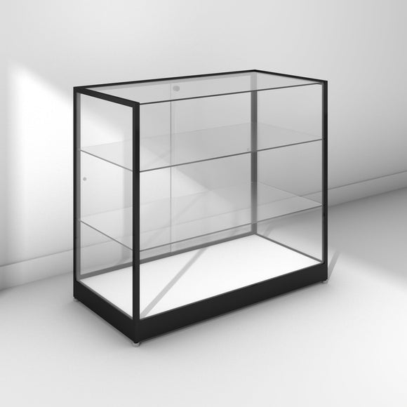 Glass display cabinet with frameless front - black frame