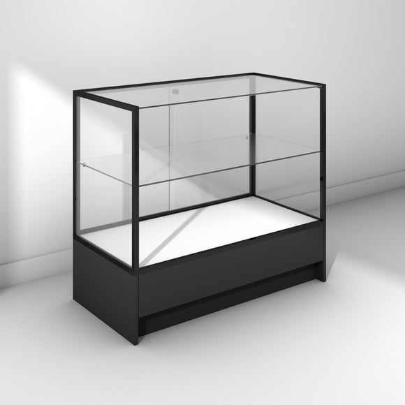 Glass display cabinet with frameless front and small base cabinet - black frame and panels