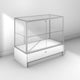 Glass display cabinet with small base cabinet - silver frame and white panels - back view