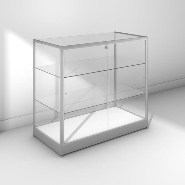 Glass display cabinet with frameless front - silver frame - back view