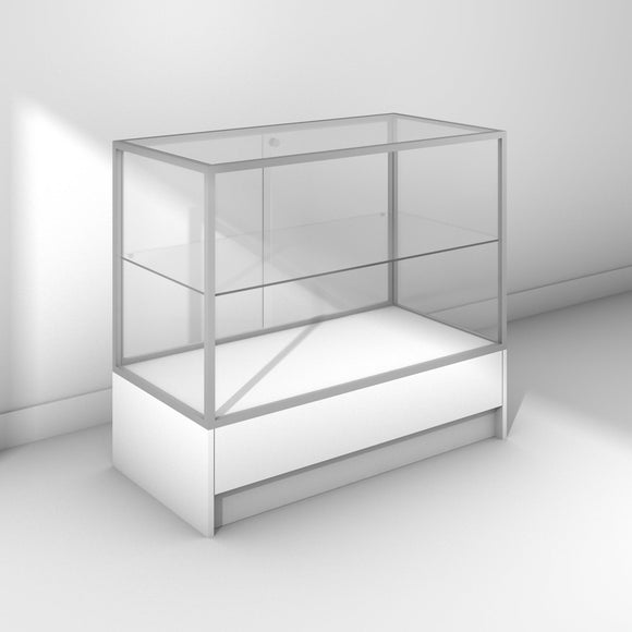 Glass display cabinet with small base cabinet - silver frame and white panels
