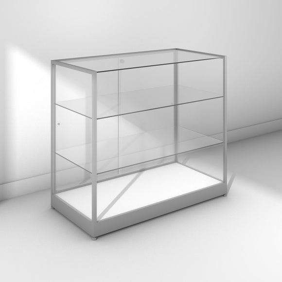 Glass display cabinet with frameless front - silver frame