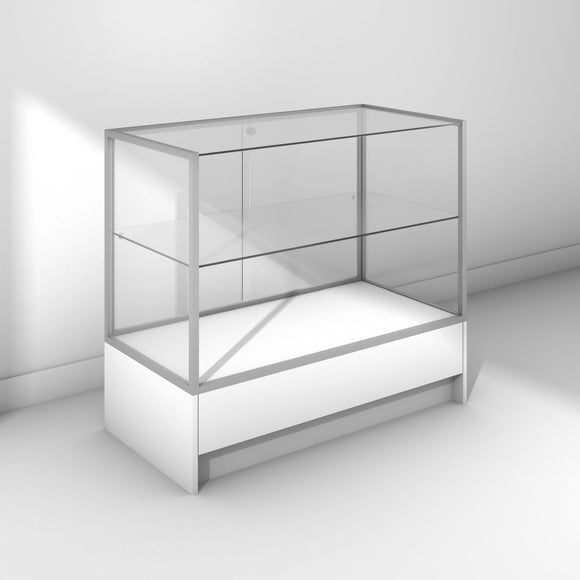 Glass display cabinet with frameless front and small base cabinet - silver frame and white panels